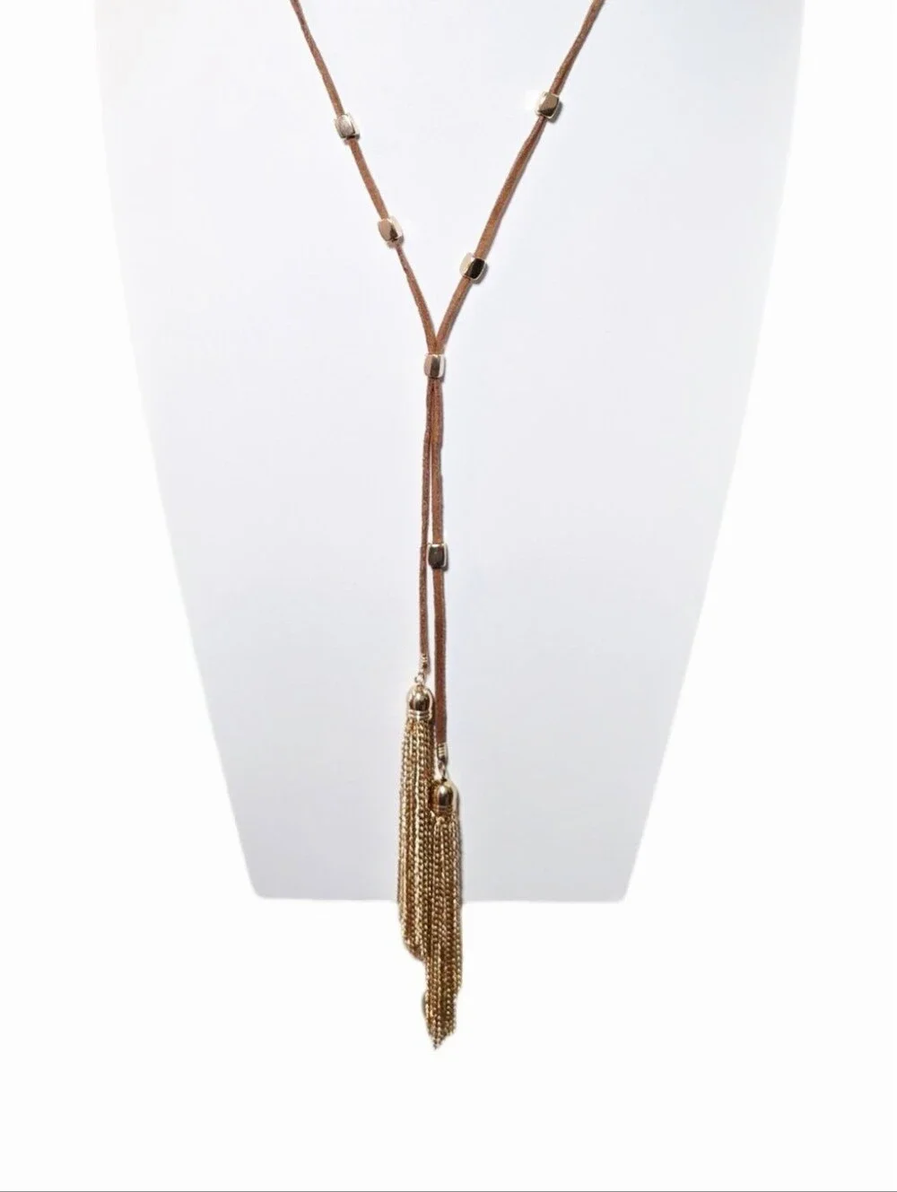 Layered Brown Suede and Gold Tassel Choker Lariat Necklace